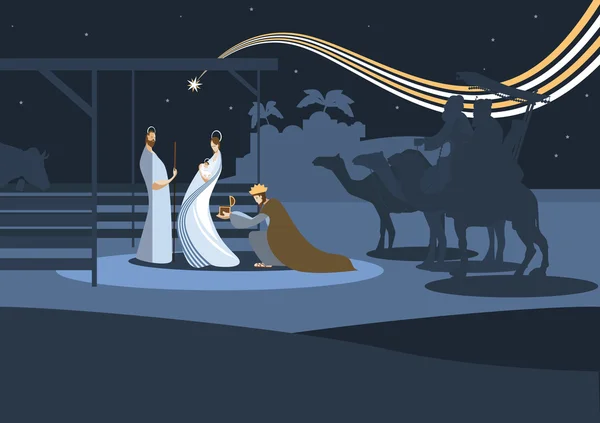 Рождественская сцена и три мудреца — стоковый вектор