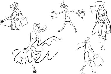 Satır kümesi doodle skeçler bir kadının alışveriş