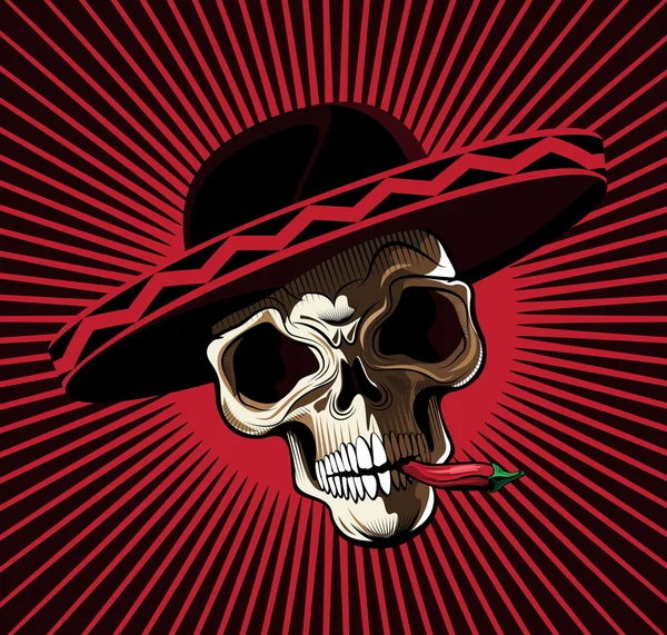 Cráneo en sombrero mexicano mordiendo chile rojo — Vector de stock