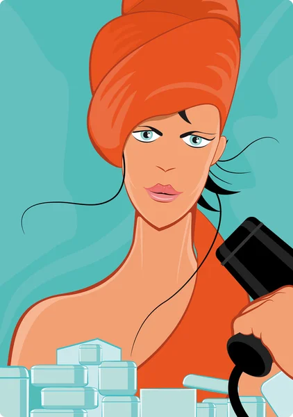 Mujer de dibujos animados sosteniendo el ventilador de pelo — Vector de stock