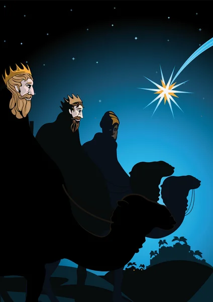 Tres Reyes Magos siguiendo a la Santa Estrella — Archivo Imágenes Vectoriales