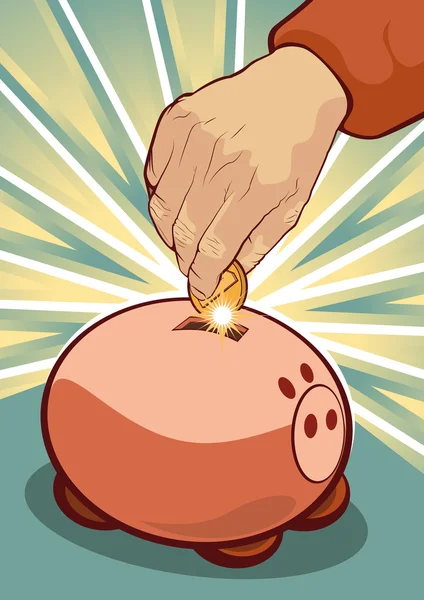Conceito Thrifty - Mão colocando moeda em Piggy Bank —  Vetores de Stock