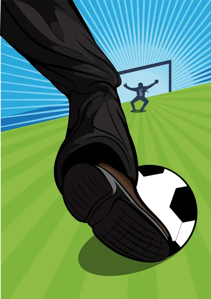 Hombre jugando fútbol apuntando a un gol — Vector de stock