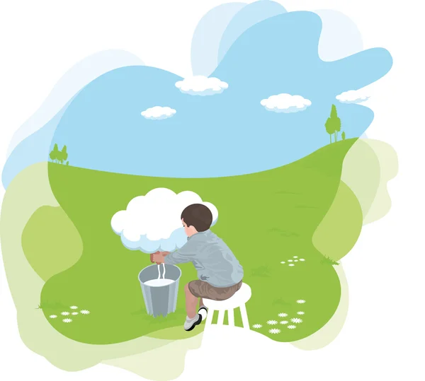 Cartooned Sitting Man Milking from a Cloud — Stock Vector