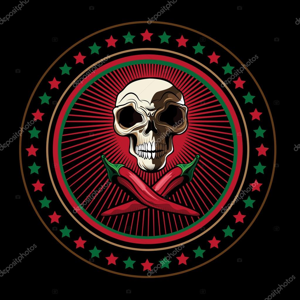 Simple Round Logo with Human Skull and Red Chili, Surrounded with Red and Green Small Stars, on Black Background.