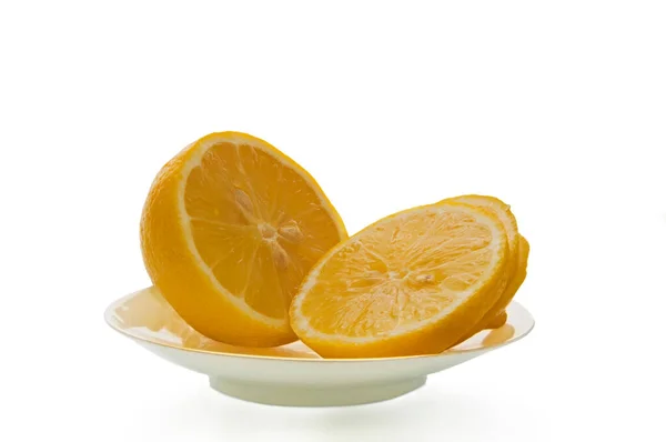 Yellow Ripe Lemon Sliced Wedges White Plate White Isolated Background — Stock Photo, Image