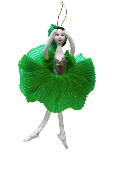 New Year Beautiful Vintage Old Ballerina Toy Green Dress White — Stock Photo, Image