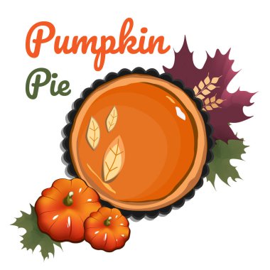 Üst görünüm vektörü tek balkabağı sebze çizgi filmi sonbahar yaprakları beyaz arkaplanda izole edilir