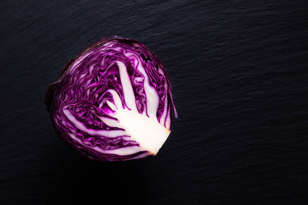 Food concept  organic cabbage on black slate board with copy space