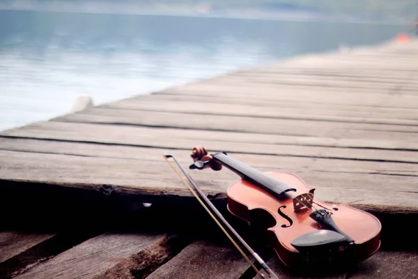 Violin Lying Wooden Plank Bridge — Stock Photo, Image