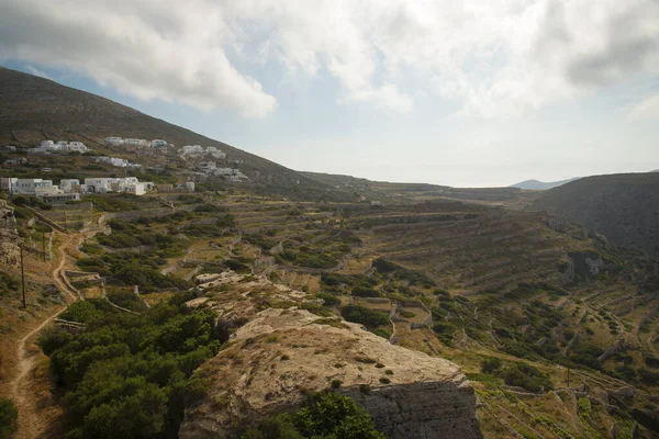 Pohled Terasovitá Pole Svazích Města Folegandros Ostrově Folegandros Řecko — Stock fotografie