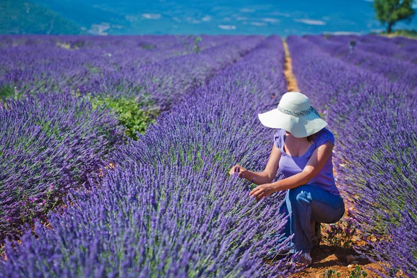 Donna nei campi di lavanda — Foto Stock