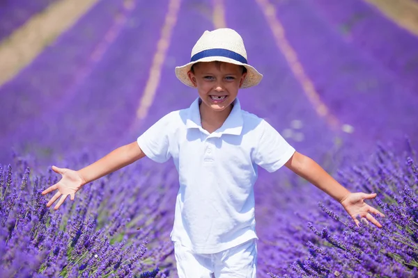 Boy v levandulové letní pole — Stock fotografie