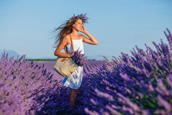 Ung flicka i fälten lavander — Stockfoto