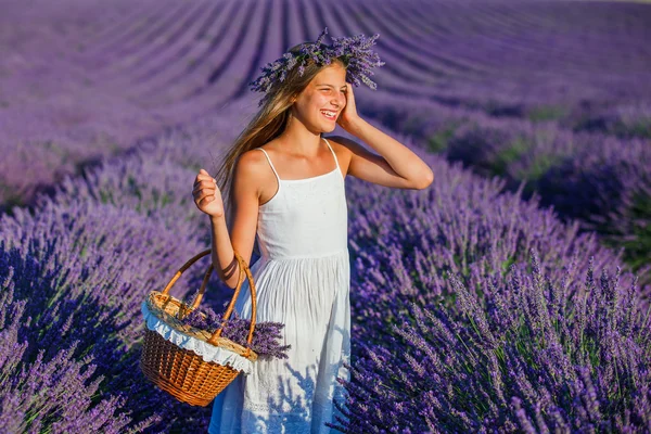 Ung flicka i fälten lavander — Stockfoto