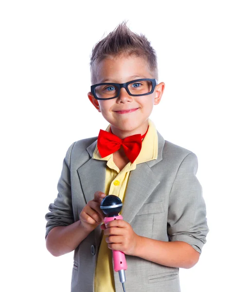 Boy singing with a microphone — Stock Photo, Image