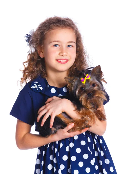 Girl playing with her yorkshire terrier — Stock Photo, Image