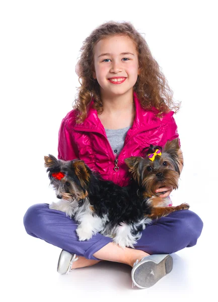 Flicka som leker med hennes yorkshire terrier — Stockfoto