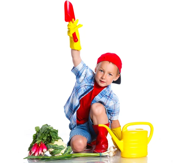 Roztomilý chlapec zahradník — Stock fotografie