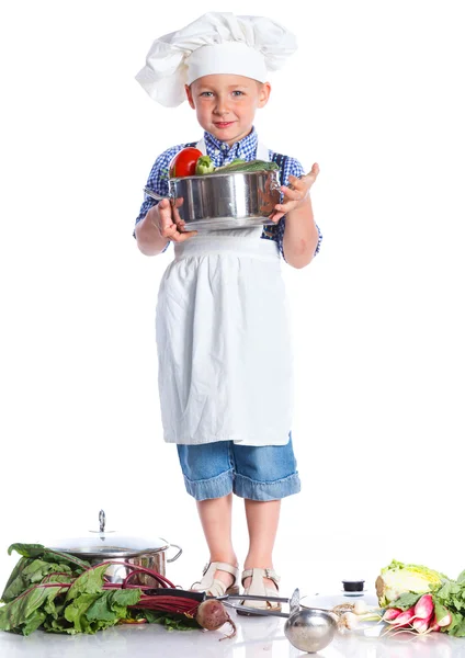 Boy kitchener in chefs hat — Stock Photo, Image