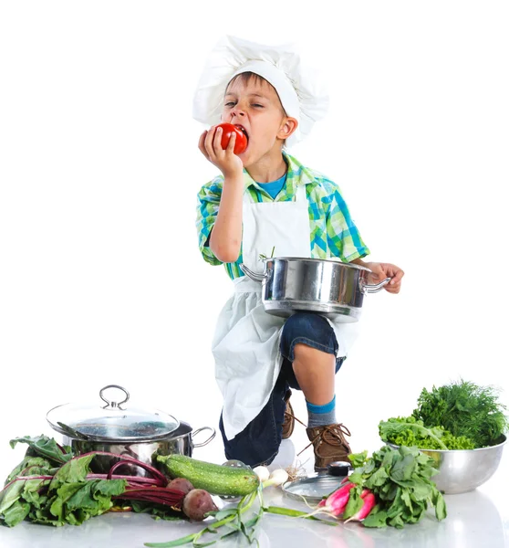 Boy kitchener in chefs hat — Stock Photo, Image