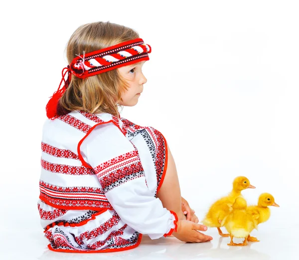 Boy and ducklings — Stock Photo, Image