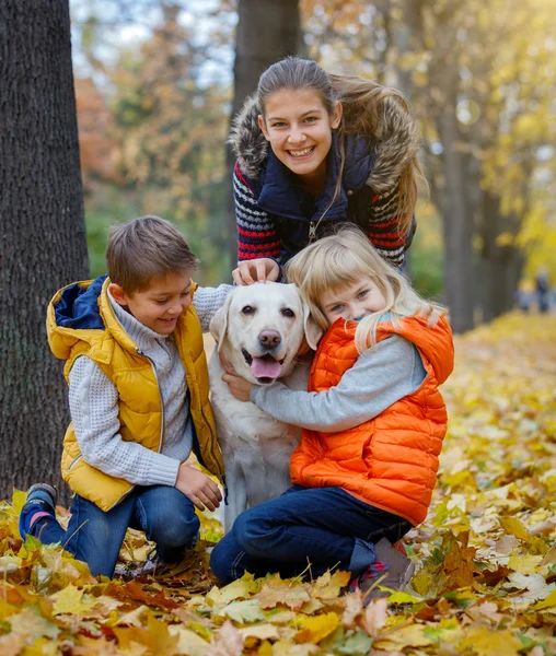 Çocuk ve köpek sonbahar Park — Stok fotoğraf