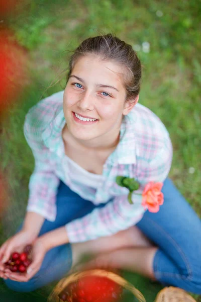 Όμορφη νεαρή κοπέλα μαζεύει κεράσι στον κήπο — Φωτογραφία Αρχείου
