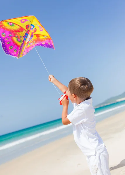 Child flying kite beach outdoor. — Stock Photo, Image