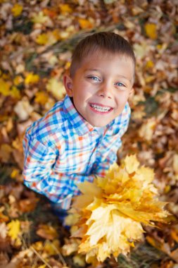 Sonbahar yaprakları ile sevimli çocuk