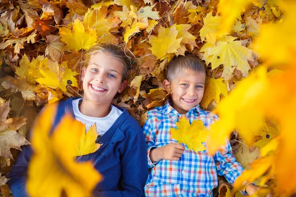 Niedlichen Jungen und Mädchen im Herbst Park — Stockfoto