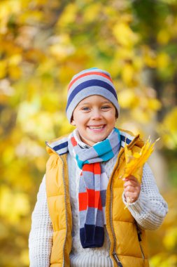 Sonbahar yaprakları ile sevimli çocuk