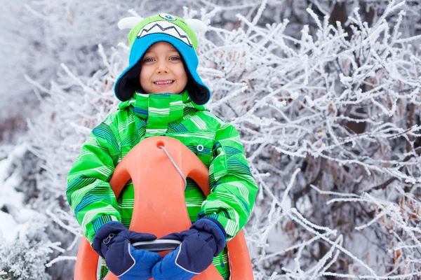 Mały chłopiec zabawę z zaprzęgów w winter park — Zdjęcie stockowe