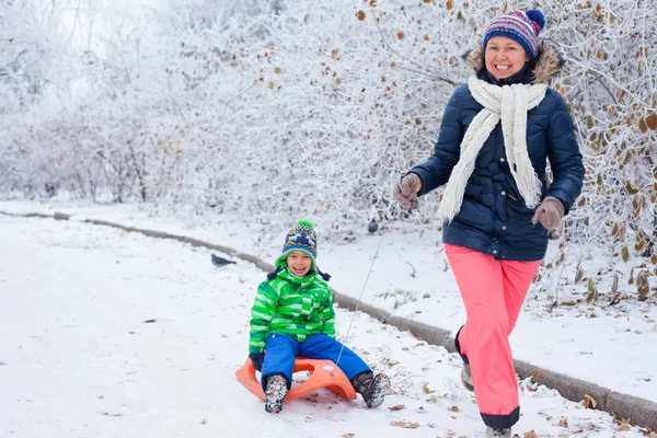 Familjen har roligt med släde i Vinterparken — Stockfoto