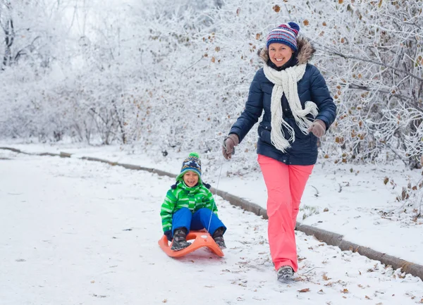 Familjen har roligt med släde i Vinterparken — Stockfoto