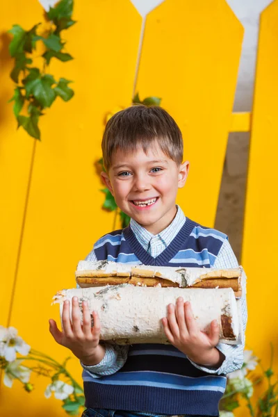 Pojke med hög med ved — Stockfoto