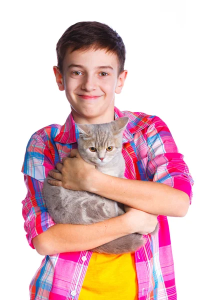 Menino com seu gato — Fotografia de Stock