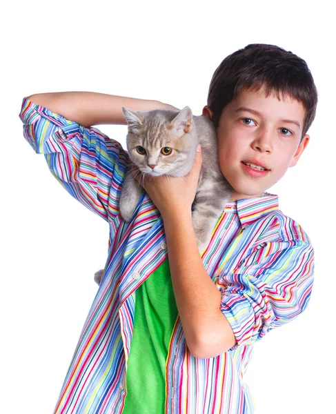 Chlapec se svou kočkou — Stock fotografie