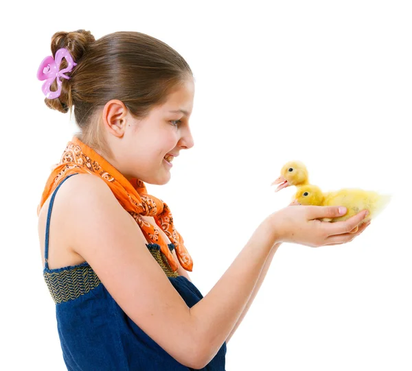 Menina com patinho — Fotografia de Stock