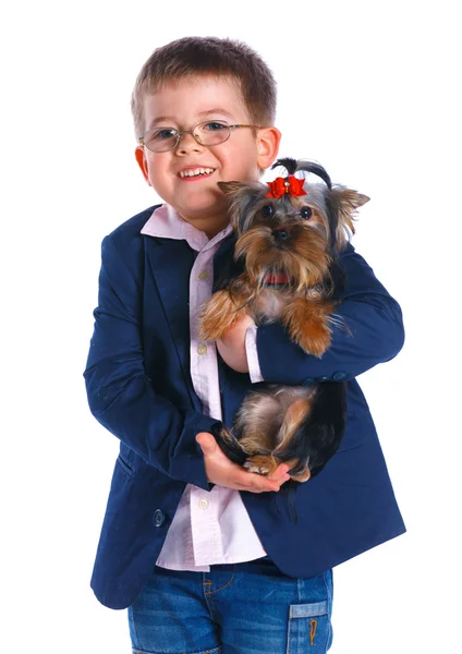 Rapaz com o seu terrier Yorkshire — Fotografia de Stock