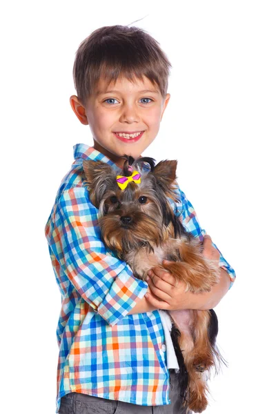 Junge mit seinem yorkshire terrier — Stockfoto