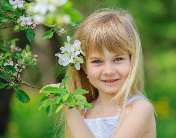 Kız çiçek açan elma ağacı bahçede — Stok fotoğraf