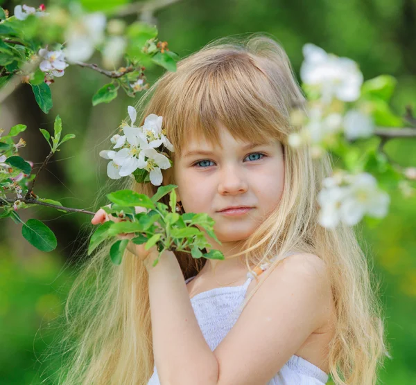 Κορίτσι σε ανθισμένο κήπο με μήλο — Φωτογραφία Αρχείου