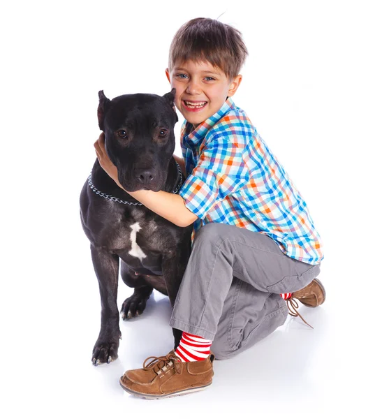 Junge mit seinem Pitbull Terrier — Stockfoto