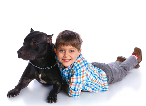 Junge mit seinem Pitbull Terrier — Stockfoto