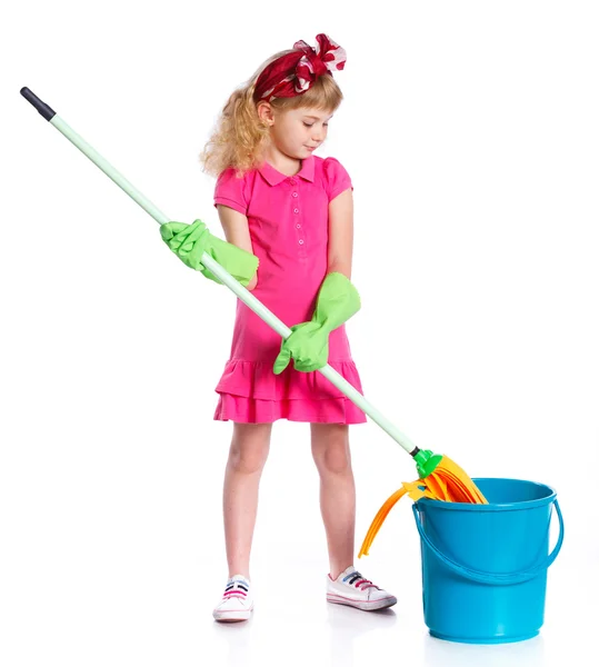 Little cleaning girl. — Stock Photo, Image
