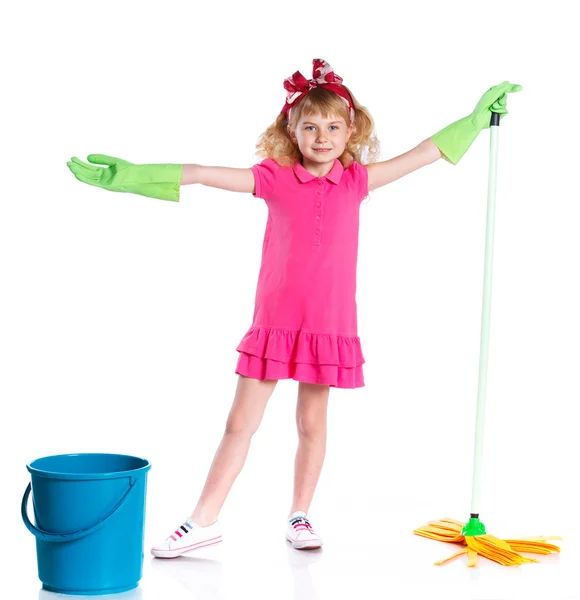 Little cleaning girl. — Stock Photo, Image