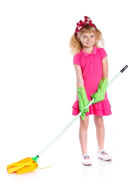 Little cleaning girl. — Stock Photo, Image