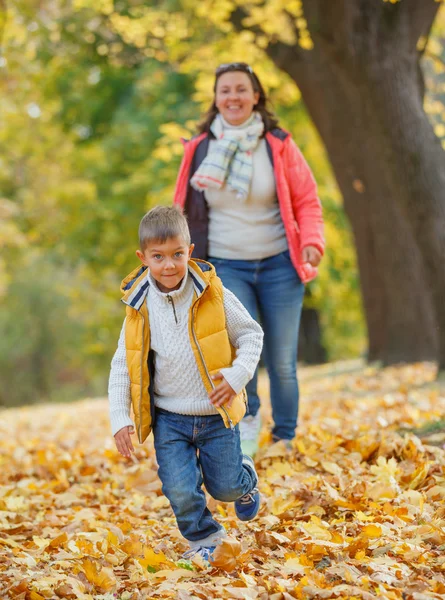 秋の公園で母親と一緒に愛らしい少年 — ストック写真