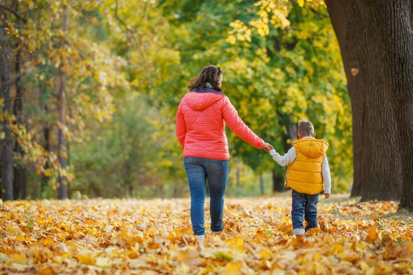 Menino adorável com sua mãe no parque de outono — Fotografia de Stock